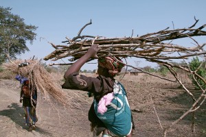 Woman carrying firewood and baby