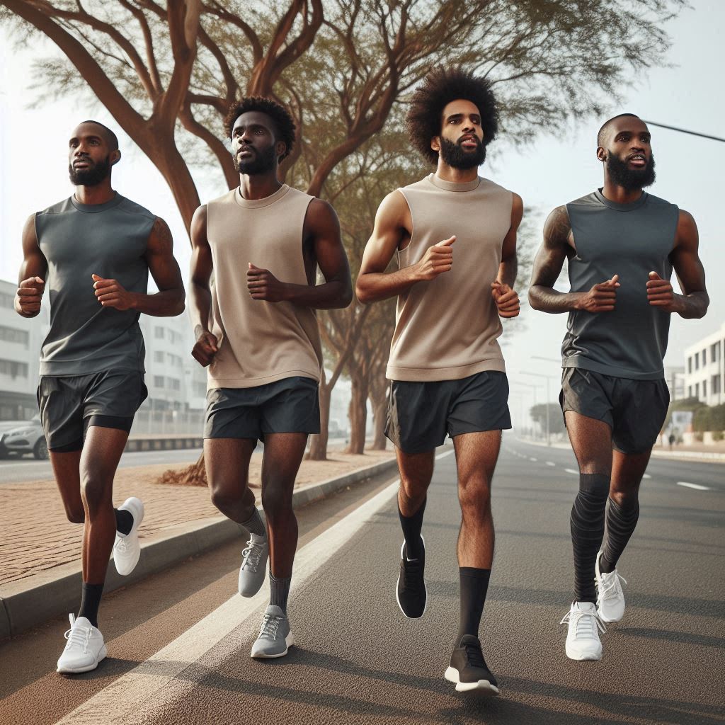 Four men jogging