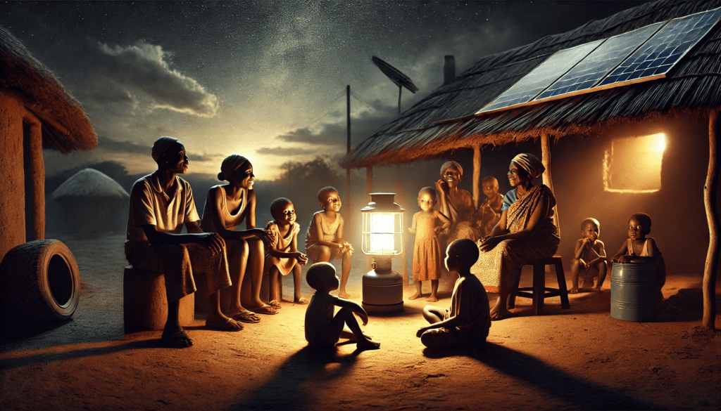 A family gathered around a solar lantern