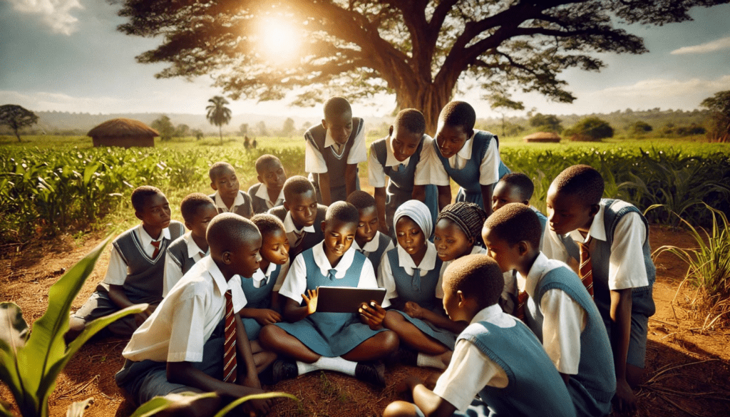 Students gathered around a tablet