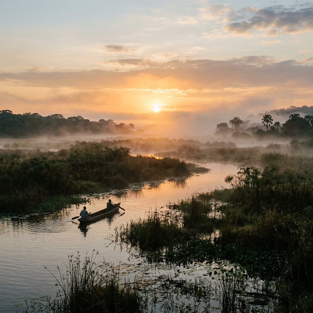 Two people paddling a canoe on a calm river surrounded by mist and vegetation at sunrise