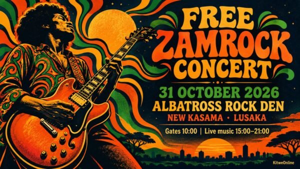 Illustrated poster for the free Zamrock concert at Albatross Rock Den, New Kasama, Lusaka, on 31 October 2026. Gates open 10:00; live music 15:00–21:00.