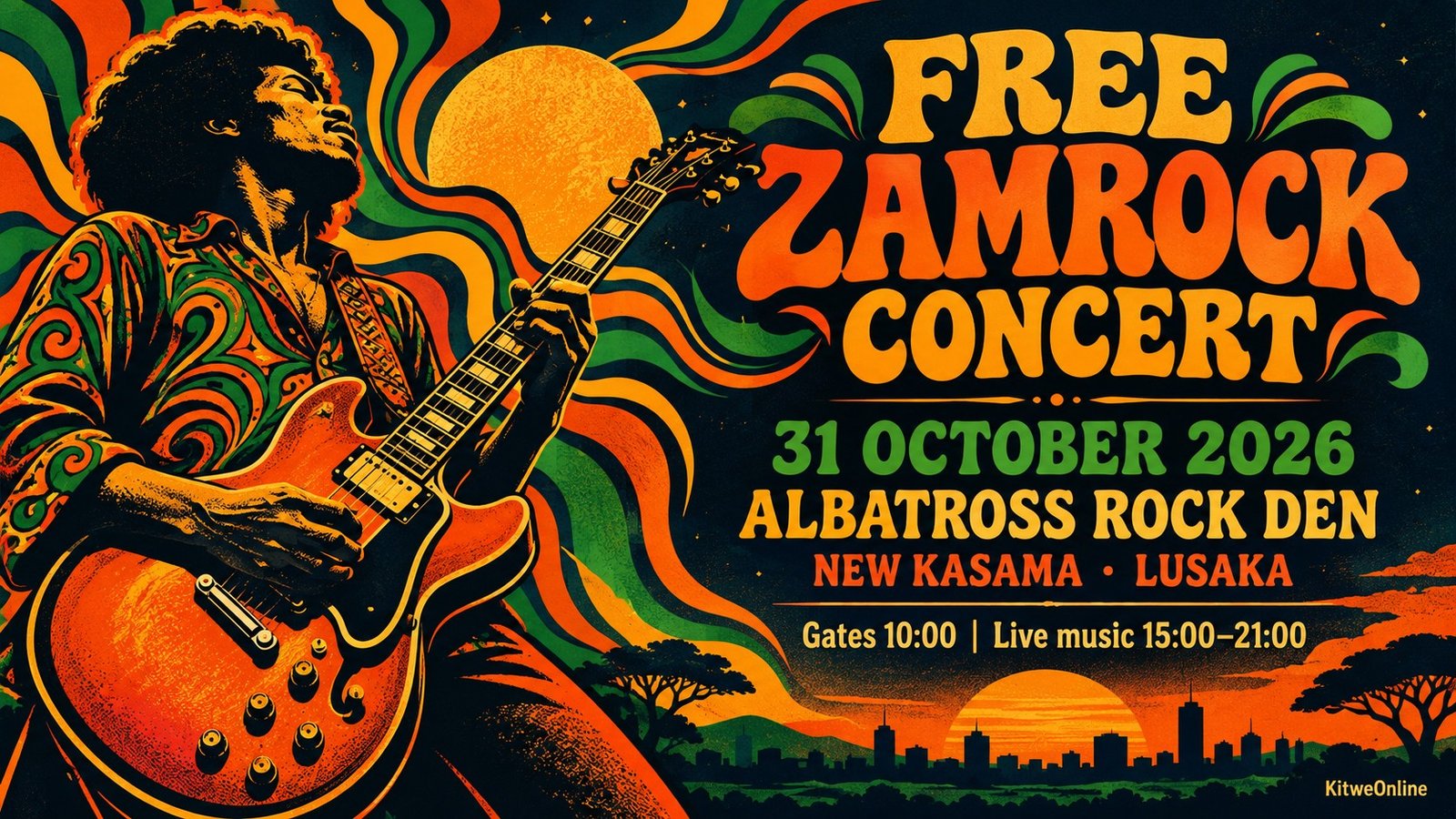 Illustrated poster for the free Zamrock concert at Albatross Rock Den, New Kasama, Lusaka, on 31 October 2026. Gates open 10:00; live music 15:00–21:00.